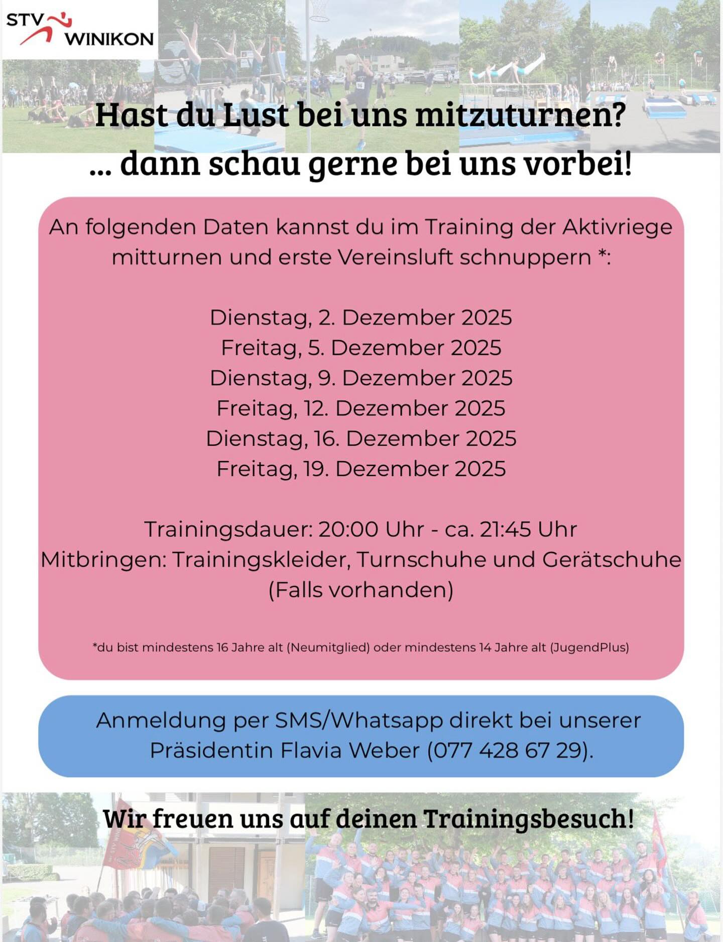 Hast du Lust bei uns mitzuturnen? 🔥💥✨ …Dann komm im Dezember in unsere Probetrainings!
Wir freuen uns auf deinen Besuch! 🤩🤩 Weitere Infos zu unseren Riegen findest du unter https://www.stvwinikon.ch/